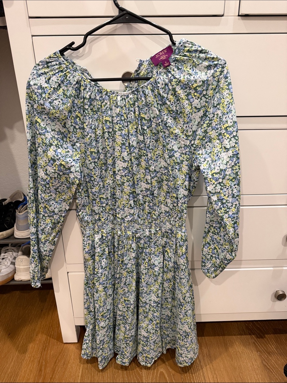 J. Crew Blue and Yellow Floral Long-Sleeve Smocked Waist Dress